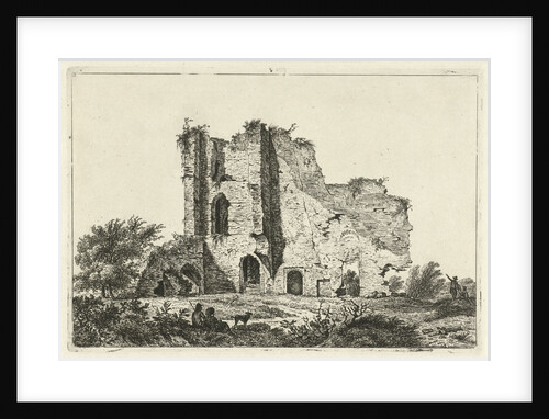 Shepherds with dog in ruin by Hermanus Fock