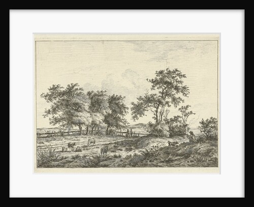 In a pasture with sheep are two people in the background at a gate by Hermanus Fock