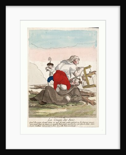 A Member of the Third Estate, Possibly a Woman, Kneeling on Top of a Fallen Friar, Cutting Wooden Branches or Horns from His Head by Anonymous