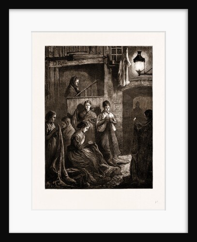 London Life At The East End: Sack-making By The Light Of A Street Lamp, UK by Anonymous