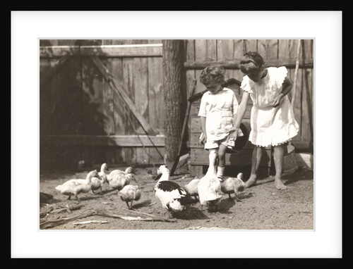 Marba and Eckart Titzenthaler, children of the photographer, standing on a farm with chickens and geese by Waldemar Titzenthaler