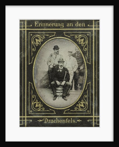 Portrait of four men standing and sitting on a ton and a balustrade, Drachenfels, Germany by Anonymous