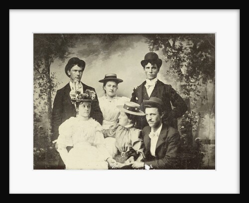 Group portrait of three men and three women, sitting in a studio with painted cloth background (forest or park scene) by Anonymous