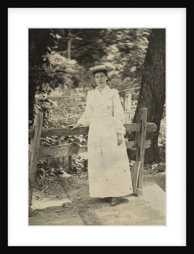 Woman standing by a fence in a forest ? by Anonymous