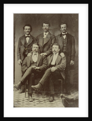 Group portrait of five men, standing and sitting in a studio (right two feet of another person) by Anonymous