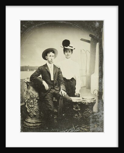 Portrait of a man and a woman, standing and sitting in front of a painted backdrop, deck by G.W. Stevens