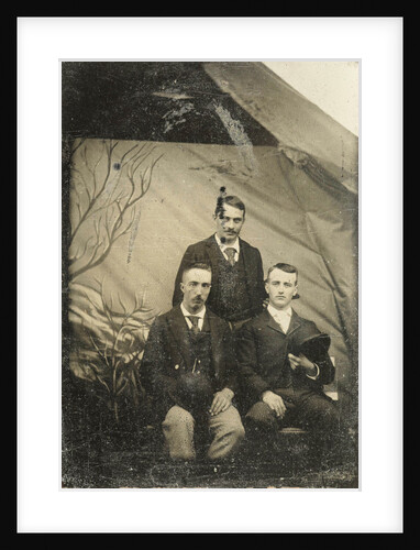 Portrait of three men, standing and sitting in front of a painted backdrop (branches) by Anonymous