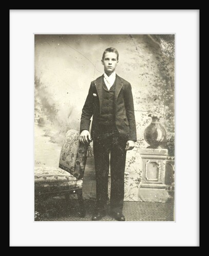 Portrait of a young man standing in front of a painted backdrop, balustrade with vase by Anonymous