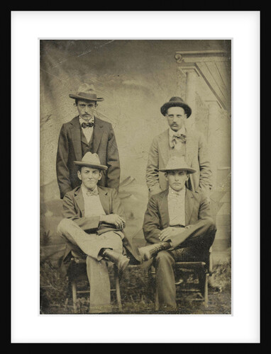 Portrait of four men sitting and standing in front of a painted backdrop, architecture by Anonymous