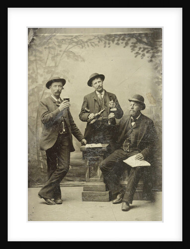 Portrait of three men with bottle and glasses, standing and sitting in front of a painted backdrop (trees) by Anonymous