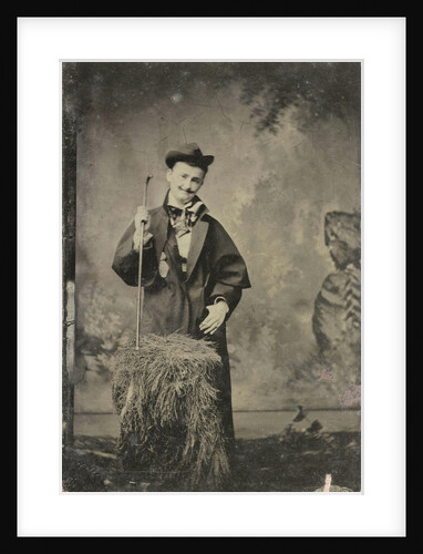 Portrait of a woman who dressed as a man (?), Standing in front of a painted backdrop (rocks and trees) by Anonymous