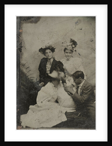 Portrait of a man who is kneeling in three women and two of them holding a hand by Anonymous