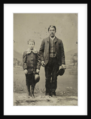 Portrait of a man and a boy, standing in front of a painted backdrop by Anonymous