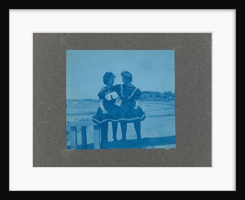 Two young women sitting on a fence on the beach, United States, USA by Anonymous
