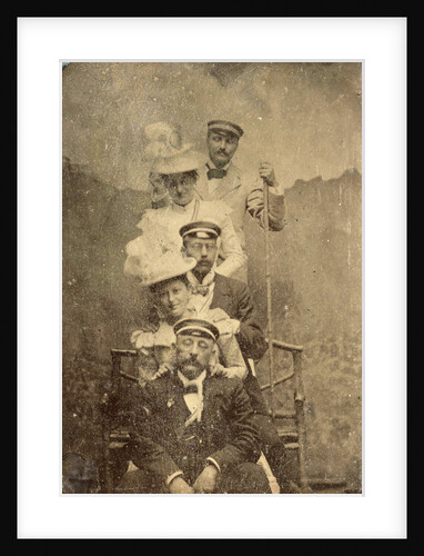 Group portrait of three men and two women standing and sitting in front of a painted backdrop (mountain castle) (Germany?) by Anonymous