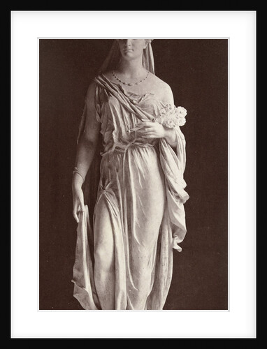 Marble statue of a woman in robe and veil over her head, in her left hand she carries a bouquet of flowers by Louis-Emile Durandelle