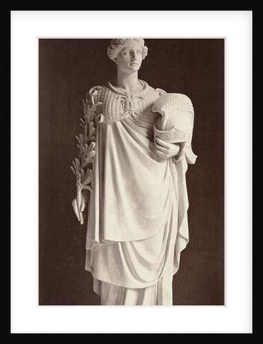 Marble statue of a woman dressed in warrior costume with a helmet in one hand and the other a palm by Louis-Emile Durandelle