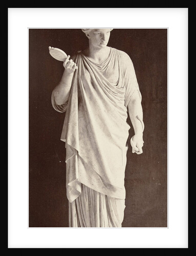 Marble statue of a woman in a high-necked dress with a mirror in her right hand, a snake in his left hand by Louis-Emile Durandelle