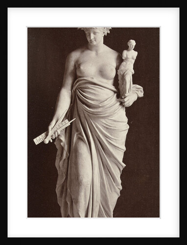 Marble statue of a woman holding in her left hand a picture in her right hand she carries a compass and a ruler by Louis-Emile Durandelle