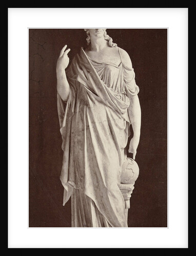 Marble statue of a woman in high-necked dress, with her right hand pointing at a globe and her left hand pointing in the air by Louis-Emile Durandelle
