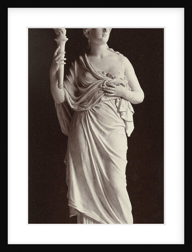 Marble statue of a woman in robe with a bare chest, in her hand she carries a torch by Louis-Emile Durandelle