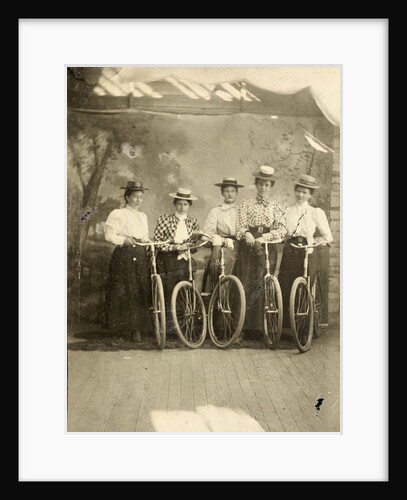 Group portrait of five women with bikes for a painted backdrop with forest by Anonymous