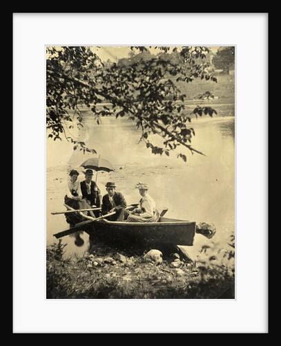 Two men and two women in a rowboat on a lake by Anonymous
