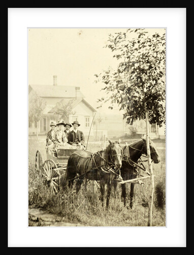 Two men and two women in a carriage with two horses before, against the backdrop of a wooden house by Anonymous