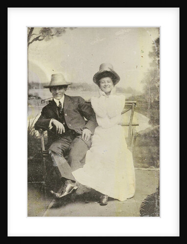 Portrait of a man and woman (Chas and Bo), sitting in front of a painted backdrop (with more trees, Puddin Bay) by Anonymous