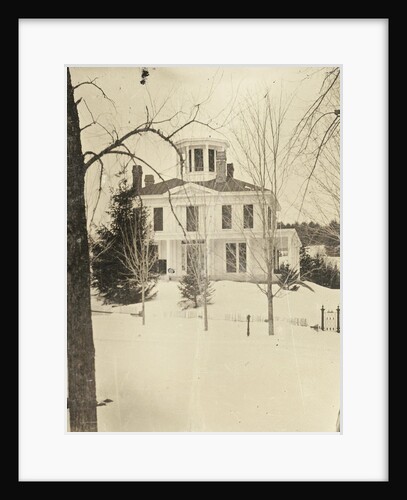View of a wooden house (with turret or widow's walk or predatory walk) in the snow by Anonymous