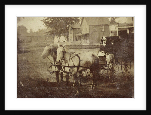Man and woman sitting in a carriage with two horses, against the backdrop of wooden houses by William Bartholomew