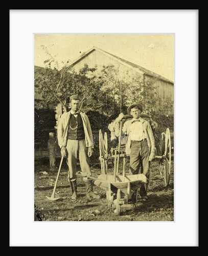 Two men with tools, a wheelbarrow and cart by Anonymous