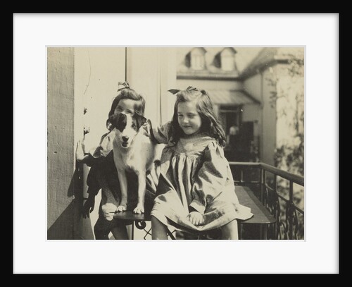 Two girls and a dog on a balcony at the rear of a house by Anonymous