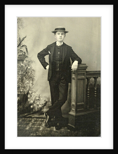 Portrait of a young man standing at a railing for a painted backdrop by Anonymous