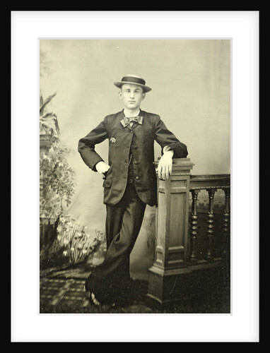 Portrait of a young man standing at a railing for a painted backdrop by Anonymous