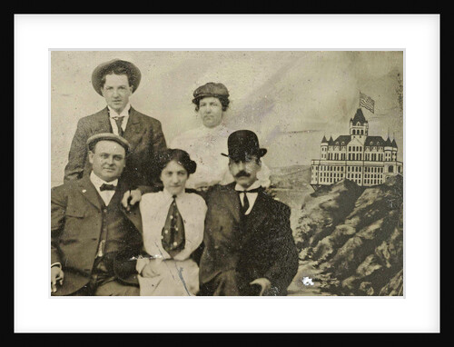 Group portrait of three men and two women in front of a painted backdrop with Cliff House in San Francisco by Anonymous