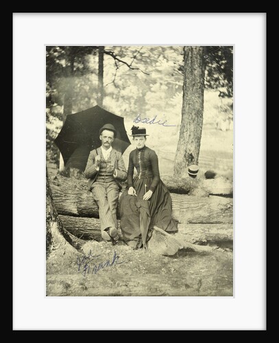Portrait of a man and a woman sitting on tree trunks in a forest by Anonymous