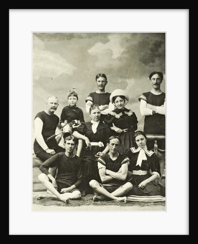 Group portrait of five men, three women and a girl in swimwear for a painted background with a cloudy sky by Christoph Martin Wieland
