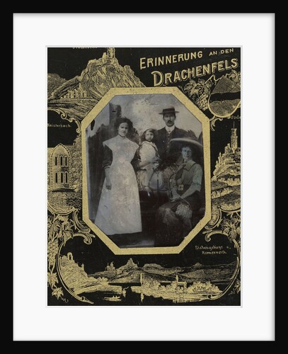 Portrait of a man, two women and a girl for a painted backdrop with the Drachenfels by Anonymous