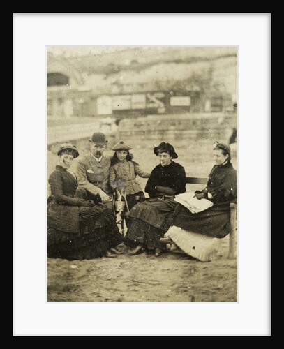 Three women, a man and a girl on the beach by Anonymous