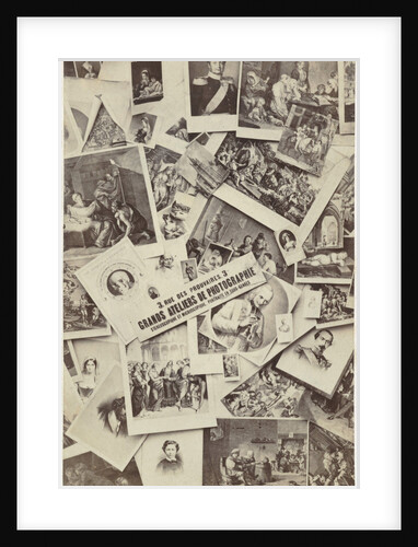 Composition of prints, with a piece of text with the address of the photographer by Jules Raudnitz