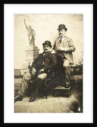 Portrait of two men for a painted backdrop with the Statue of Liberty in New York, USA by Anonymous