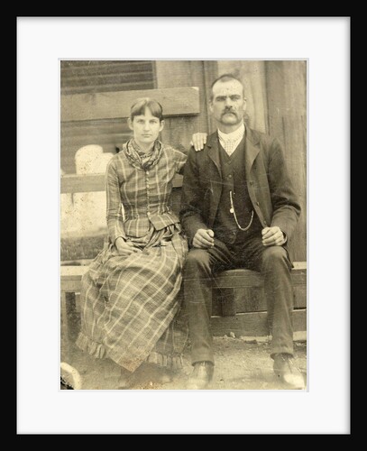 Portrait of a man and a woman sitting on a bench in front of their house (?) by Anonymous