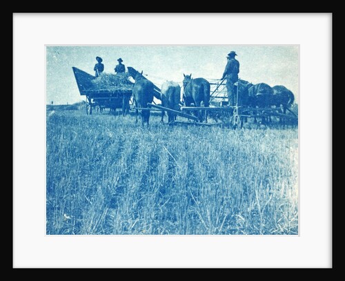 Farmers with a combine harvester pulled by horses by Anonymous
