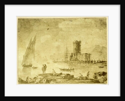 Drawing 'La mer calme with ship on calm water by Eduard Isaac Asser