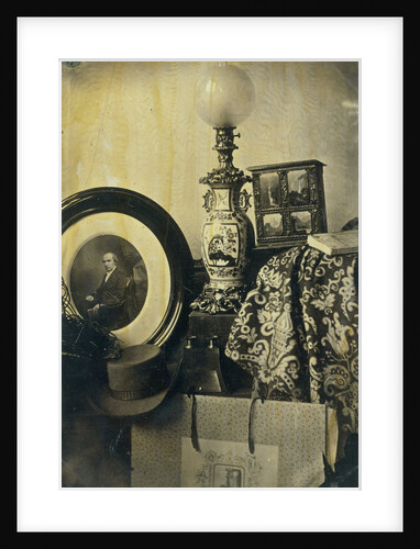 Still life with photographic portrait by Asser, stereoscope and portfolio by Eduard Isaac Asser