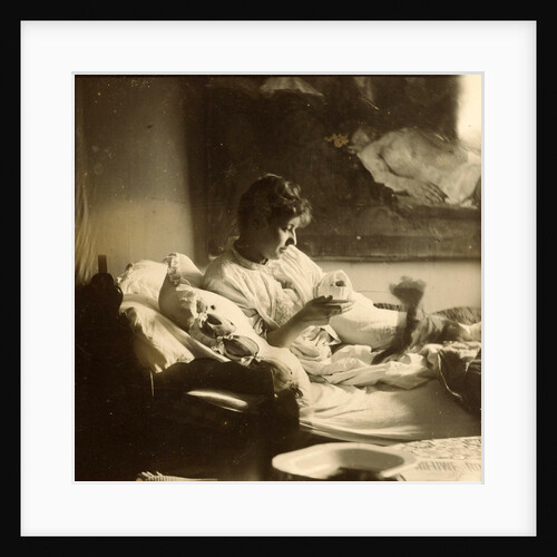 Marie Jordan dressed sitting in bed with a cup in her hands by George Hendrik Breitner