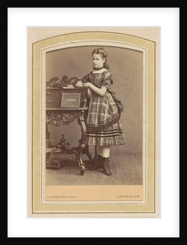 Portrait of a girl in a dress with tartan at a desk with books by Albert Greiner