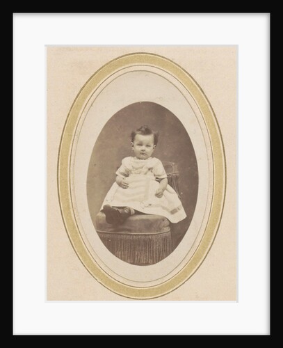 Portrait of a toddler in a striped dress on a chair by R. Becher