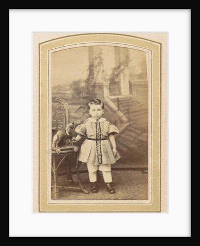 Portrait of a little girl in a dress with a toy horse by Franz Wilhelm Deutmann